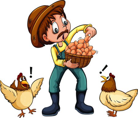 Ilustración de Granjero con huevos y gallinas, ilustración vectorial diseño simple - Imagen libre de derechos