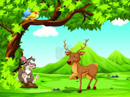 Téléchargez les illustrations : Paysage avec cerfs et lapins dans la forêt, illustration vectorielle design simple - en licence libre de droit