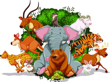 Téléchargez les illustrations : Carte colorée avec des animaux de dessin animé mignons - en licence libre de droit