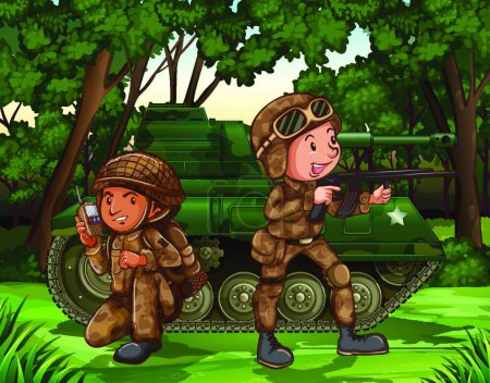 Ilustración de Soldados con tanque, ilustración vectorial diseño simple - Imagen libre de derechos