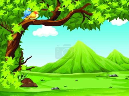 Illustration for Scenery with forest and mountain, vector illustration simple design - Royalty Free Image