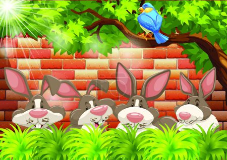 Ilustración de Conejos sobre ladrillos fondo de la pared, vector ilustración diseño simple - Imagen libre de derechos
