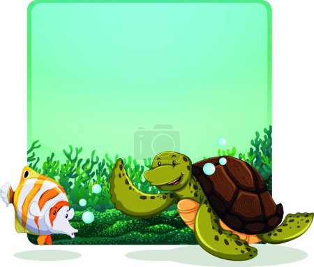 Ilustración de Océano con peces y tortugas, ilustración vectorial diseño simple - Imagen libre de derechos