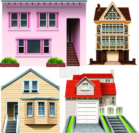 Téléchargez les illustrations : Quatre modèles de maison, illustration vectorielle design simple - en licence libre de droit
