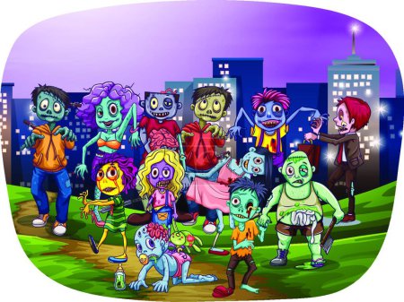 Téléchargez les illustrations : Zombies dans la ville, illustration vectorielle design simple - en licence libre de droit