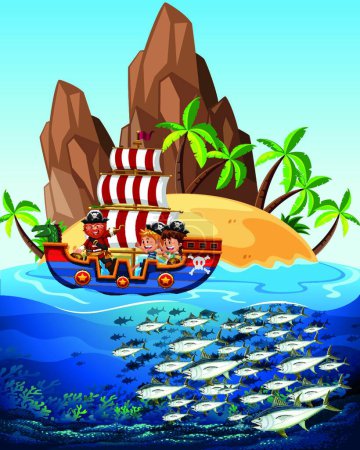 Illustration for "Scene with pirate ship and fish in the sea" - Royalty Free Image