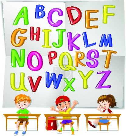 Ilustración de Alfabetos ingleses y niños en clase - Imagen libre de derechos