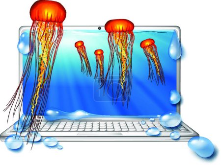 Illustration for "Computer screen with jellyfish underwater" - Royalty Free Image