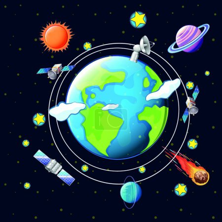 Ilustración de Tema espacial con satélites y planetas alrededor de la tierra - Imagen libre de derechos