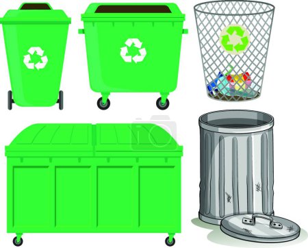 Téléchargez les illustrations : "Poubelles vertes avec panneau de recyclage
" - en licence libre de droit