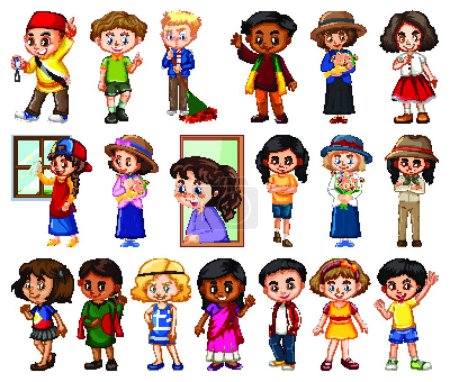 Illustration for Large set of boys and girls doing different activity on white background - Royalty Free Image