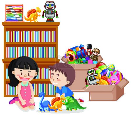 Illustration for "Scene with boy and girl playing toys" - Royalty Free Image
