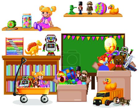 Illustration for "Shelf full of books and toys on white background" - Royalty Free Image