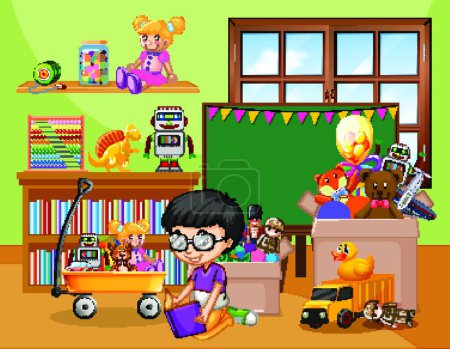 Illustration for "Scene with boy playing with many toys in the room" - Royalty Free Image