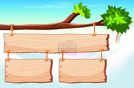 Ilustración de "Plantilla de letrero de madera con cielo en fondo
" - Imagen libre de derechos