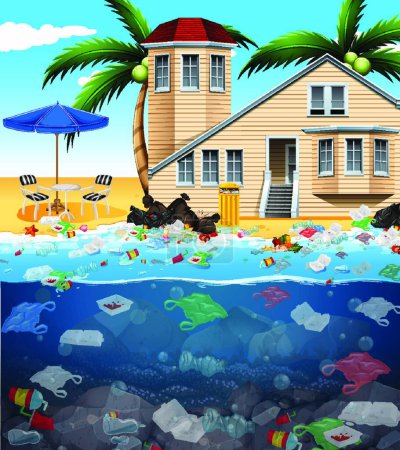 Téléchargez les illustrations : Pollution de l'eau avec des sacs en plastique dans l'océan - en licence libre de droit