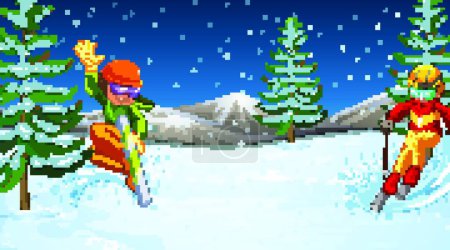 Téléchargez les illustrations : Scène avec les gens snowboard dans le champ de neige - en licence libre de droit