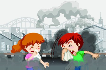 Téléchargez les illustrations : Pollution de l'air avec les enfants dans la ville - en licence libre de droit
