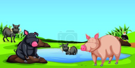 Téléchargez les illustrations : Porcs entourant un étang pendant la journée - en licence libre de droit