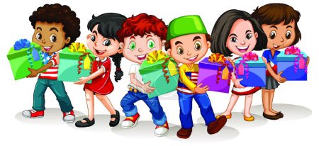Téléchargez les illustrations : Happy children holding present box - en licence libre de droit