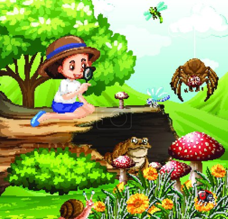 Téléchargez les illustrations : Scène avec une fille regardant des insectes dans le jardin - en licence libre de droit