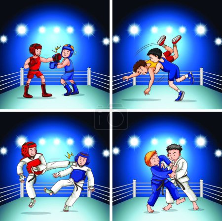 Ilustración de "Conjunto de diferentes escenas de lucha" - Imagen libre de derechos