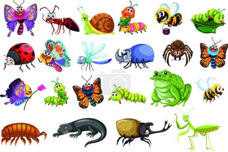 Illustration for Set of insects including butterflies, ants, beetles, lizards, frogs and bees - Royalty Free Image