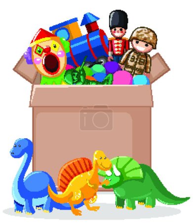 Illustration for "Cardboard box full of toys on white background" - Royalty Free Image