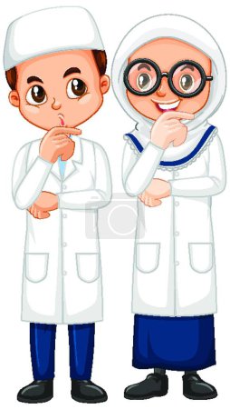 Téléchargez les illustrations : "Garçon et fille en robe de science debout sur fond blanc" - en licence libre de droit