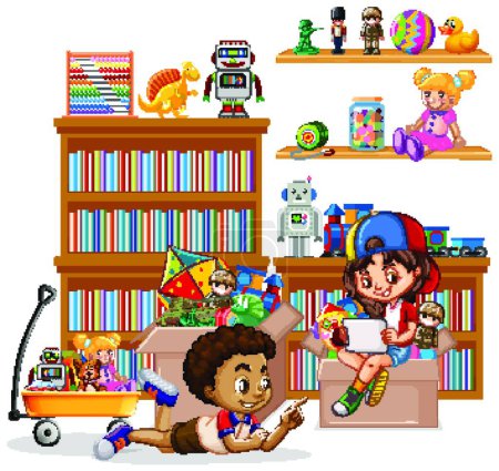Illustration for Shelf full of books and toys on white background - Royalty Free Image