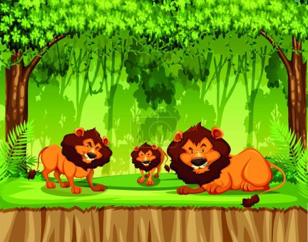 Téléchargez les illustrations : Famille de lions dans la jungle - en licence libre de droit