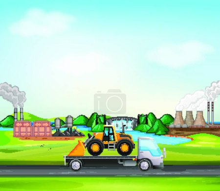 Téléchargez les illustrations : Scène avec camion roulant le long de la zone industrielle - en licence libre de droit