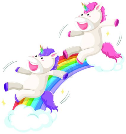 Ilustración de Unicornios felices en la diapositiva del arco iris - Imagen libre de derechos