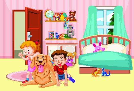 Illustration for Children and pet dog in bedroom vector illustration - Royalty Free Image