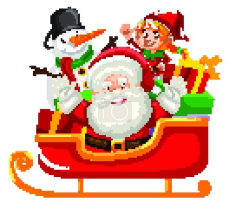 Téléchargez les illustrations : Père Noël et bonhomme de neige sur traîneau rouge - en licence libre de droit