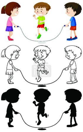 Illustration for Three kids playing jump rope in color and in outline and silhouettes - Royalty Free Image