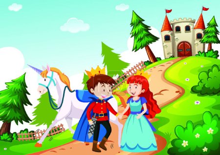 Téléchargez les illustrations : Prince and princess in fairytale land scene - en licence libre de droit