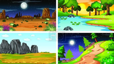 Téléchargez les illustrations : Quatre scènes différentes de parc naturel et de forêt - en licence libre de droit