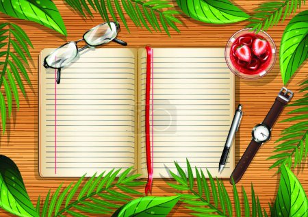 Ilustración de Top view of wooden table with blank page of book and office objects and leaves element - Imagen libre de derechos