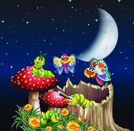 Ilustración de Mariposas y gusanos que viven en la escena del jardín por la noche - Imagen libre de derechos