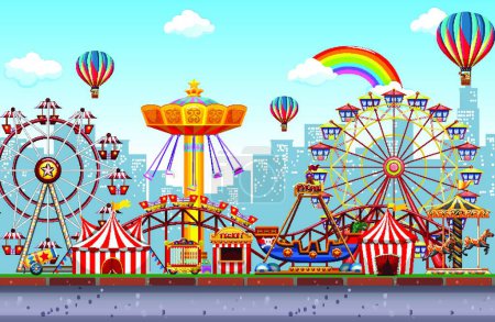 Ilustración de Themepark scene with many rides in the city - Imagen libre de derechos