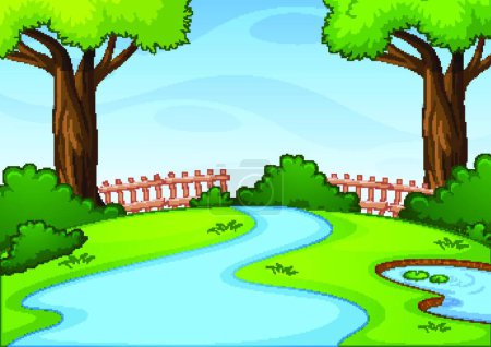 Téléchargez les illustrations : Empty park scene with many trees and river at day time - en licence libre de droit