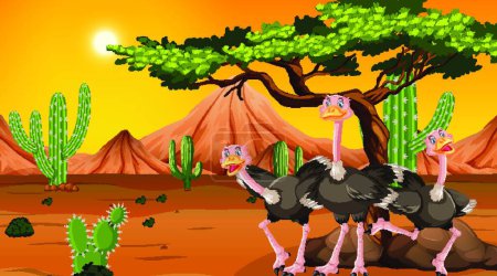 Illustration for Ostrichs at the desert scene - Royalty Free Image