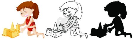 Illustration for "Girl building sand castle in color and in outline and silhouette" - Royalty Free Image