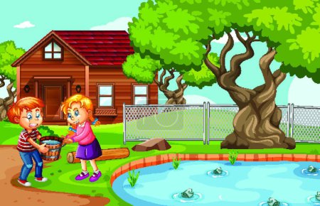 Illustration for Boy and girl holding a wooden bucket full of water in nature scene - Royalty Free Image