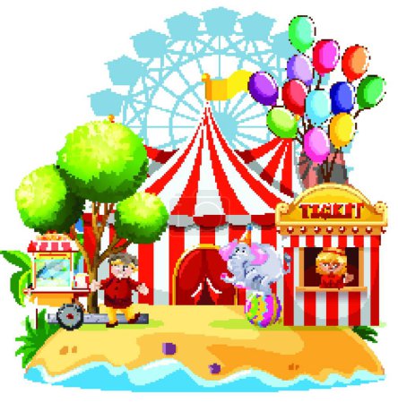 Illustration for Ocean scene with circus show on the island - Royalty Free Image