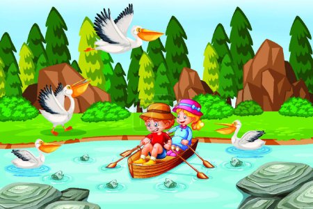 Téléchargez les illustrations : Enfants ramer le bateau dans la scène de la forêt de ruisseau - en licence libre de droit