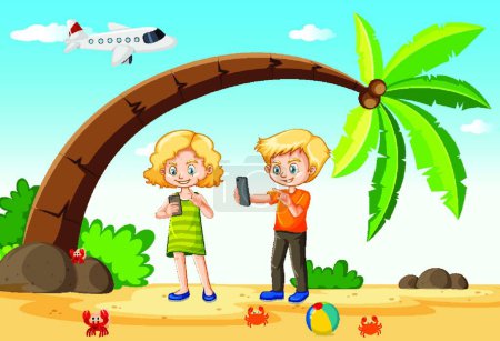 Téléchargez les illustrations : Kids using smart phone during travelling with beach and plane background - en licence libre de droit