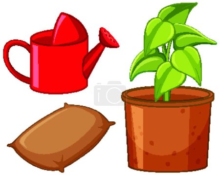 Téléchargez les illustrations : Outils de jardinage avec plante dans un pot - en licence libre de droit