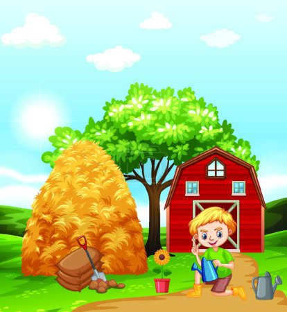 Illustration for Farm scene with boy planting flower on the farm - Royalty Free Image